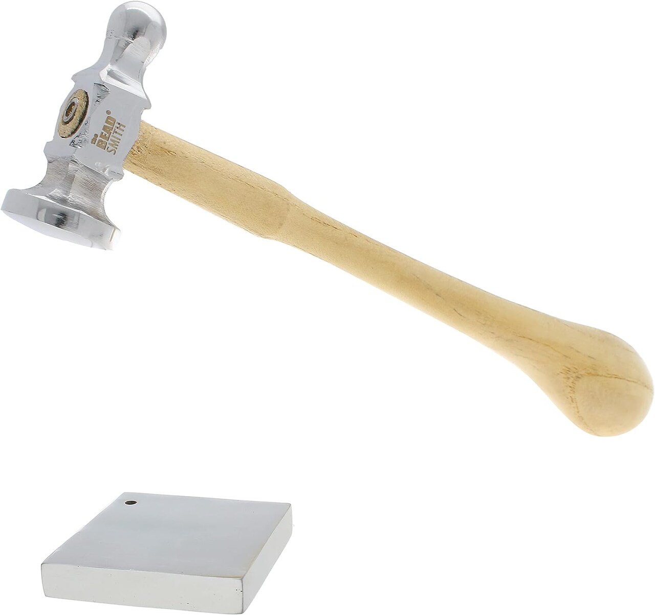 The Beadsmith Chasing Hammer & Bench Block - Two-Sided Hammer, 10.75”, Wood Handle – 1.5” Steel Block with Hole for Riveting & Bending – Tools for Metalworking, Stamping & Jewelry Making